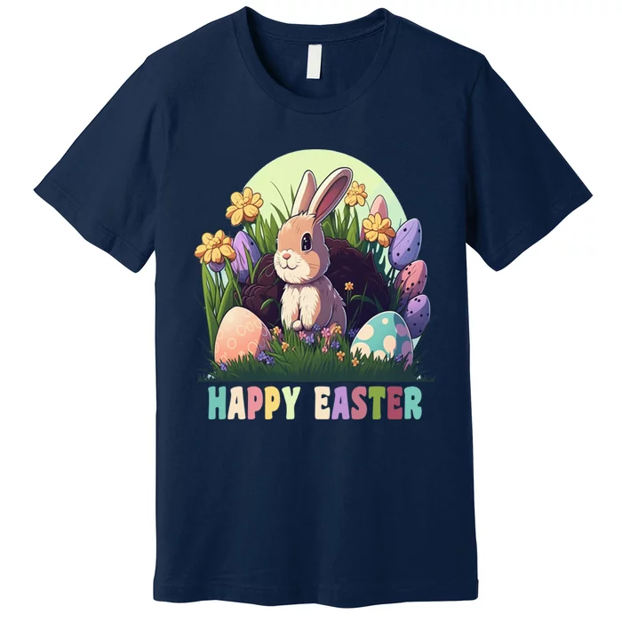 Happy Easter Cute Rabbit Bunny Easter Eggs Basket Flowers Premium T-Shirt