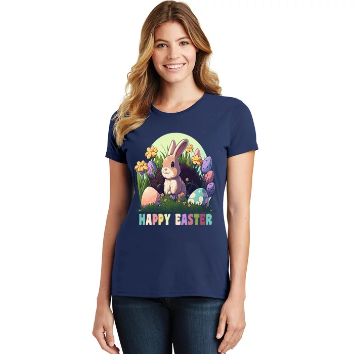 Happy Easter Cute Rabbit Bunny Easter Eggs Basket Flowers Women's T-Shirt