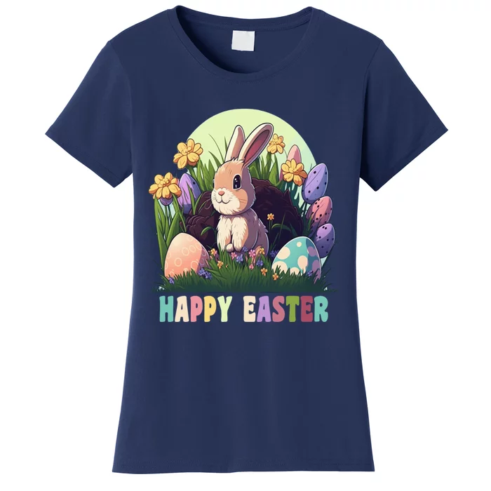 Happy Easter Cute Rabbit Bunny Easter Eggs Basket Flowers Women's T-Shirt