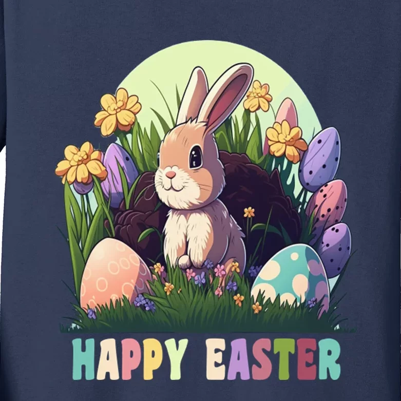 Happy Easter Cute Rabbit Bunny Easter Eggs Basket Flowers Kids Long Sleeve Shirt