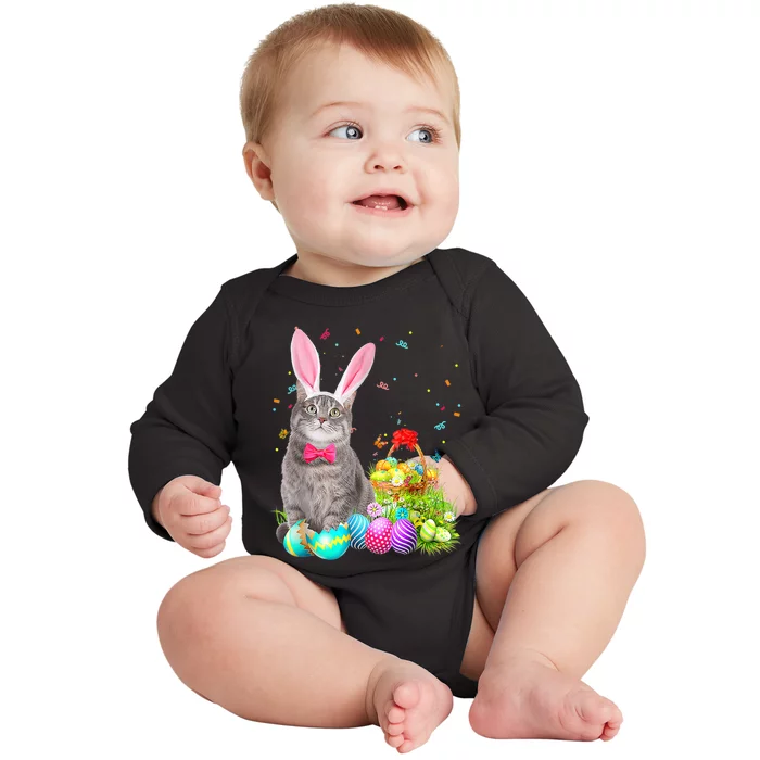 Happy Easter Cute Bunny Cat Eggs Basket  Wo Funny Baby Long Sleeve Bodysuit