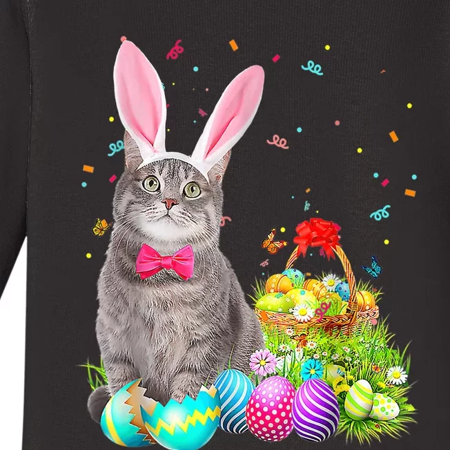 Happy Easter Cute Bunny Cat Eggs Basket  Wo Funny Baby Long Sleeve Bodysuit