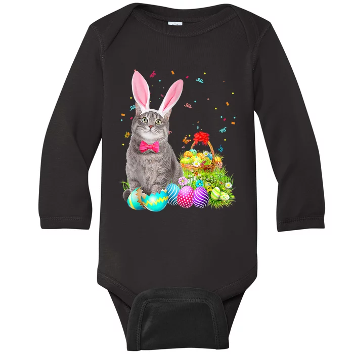 Happy Easter Cute Bunny Cat Eggs Basket  Wo Funny Baby Long Sleeve Bodysuit