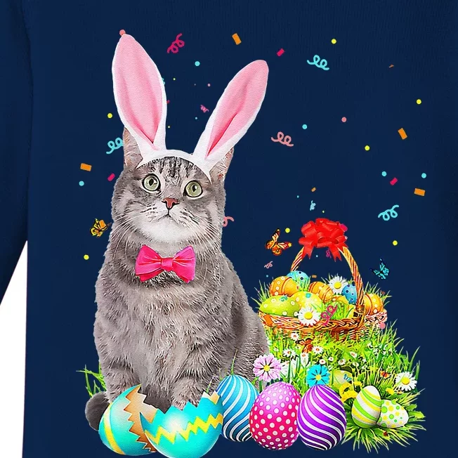 Happy Easter Cute Bunny Cat Eggs Basket Women Funny Baby Long Sleeve Bodysuit