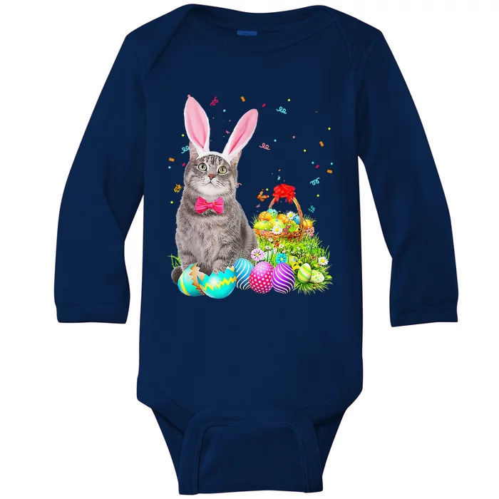 Happy Easter Cute Bunny Cat Eggs Basket Women Funny Baby Long Sleeve Bodysuit