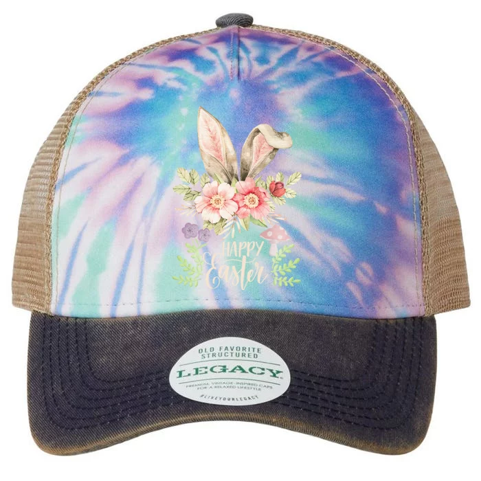 Happy Easter cute bunny ears with flowers and mushrooms Legacy Tie Dye Trucker Hat