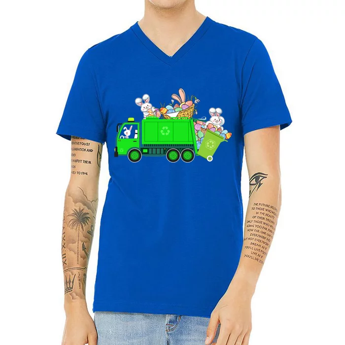 Happy Easter Day Garbage Truck Bunny Riding Garbage Truck Cool Gift V-Neck T-Shirt