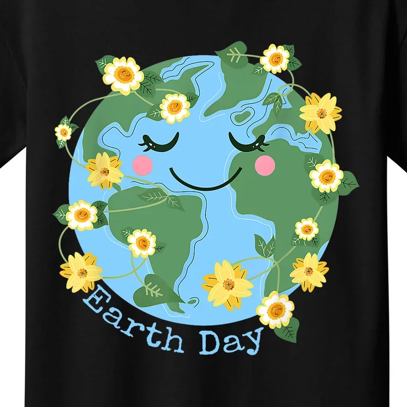 Happy Earth Day Cute Earth With Floral Earth Day 2024 Kids T-Shirt