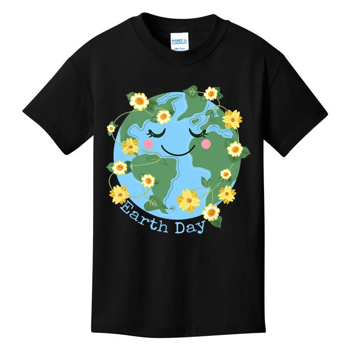 Happy Earth Day Cute Earth With Floral Earth Day 2024 Kids T-Shirt