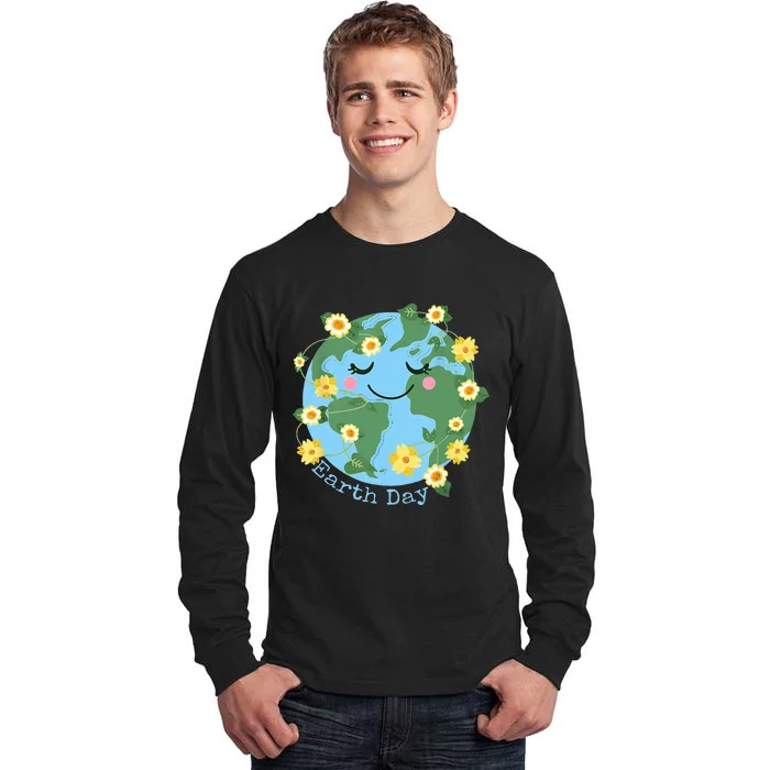 Happy Earth Day Cute Earth With Floral Earth Day 2024 Tall Long Sleeve T-Shirt