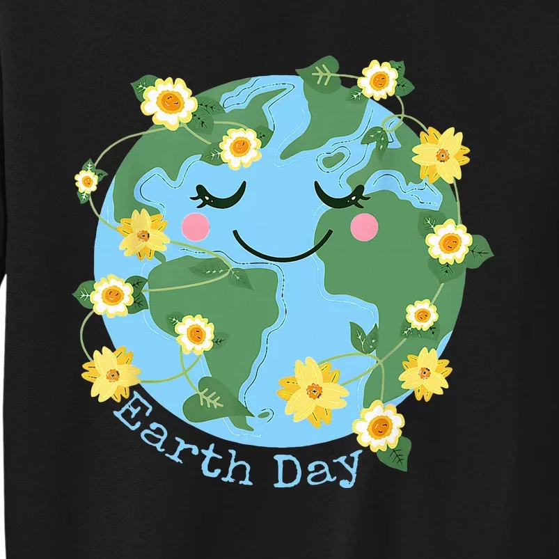 Happy Earth Day Cute Earth With Floral Earth Day 2024 Tall Sweatshirt