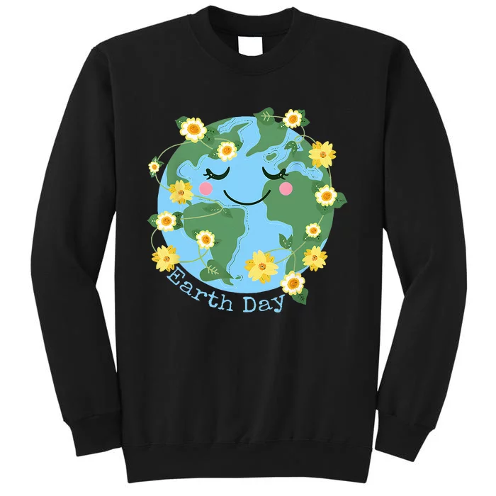 Happy Earth Day Cute Earth With Floral Earth Day 2024 Tall Sweatshirt