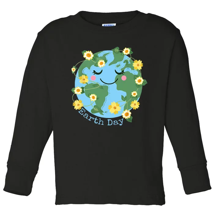 Happy Earth Day Cute Earth With Floral Earth Day 2024 Toddler Long Sleeve Shirt