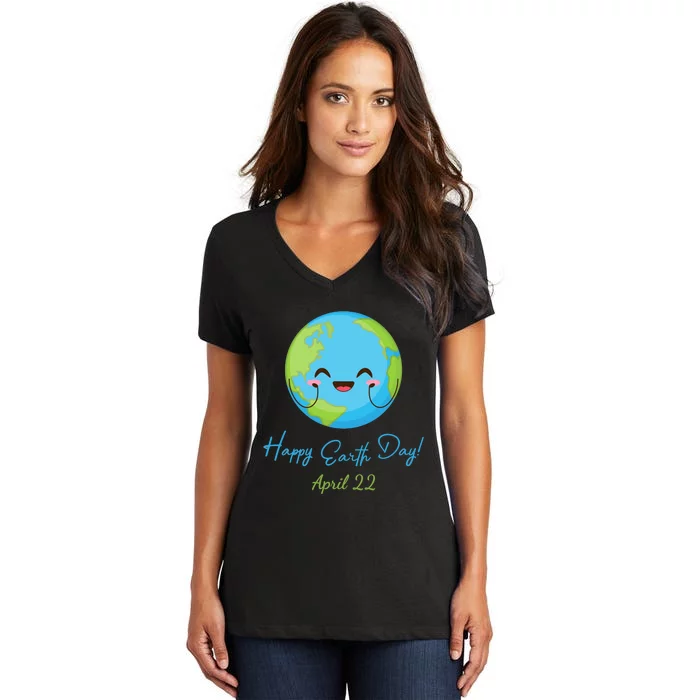 Happy Earth Day April 22 Cute Planet Women's V-Neck T-Shirt