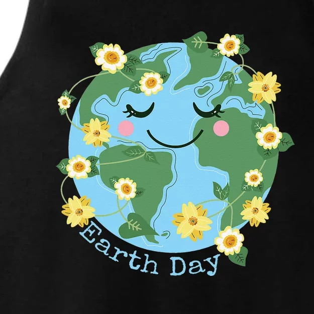 Happy Earth Day Cute Earth With Floral Ladies Tri-Blend Wicking Tank