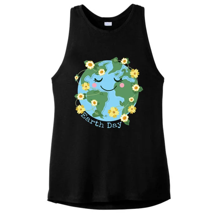 Happy Earth Day Cute Earth With Floral Ladies Tri-Blend Wicking Tank