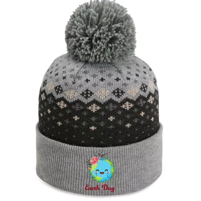 Happy Earth Day Cute Earth With Floral Wreath The Baniff Cuffed Pom Beanie