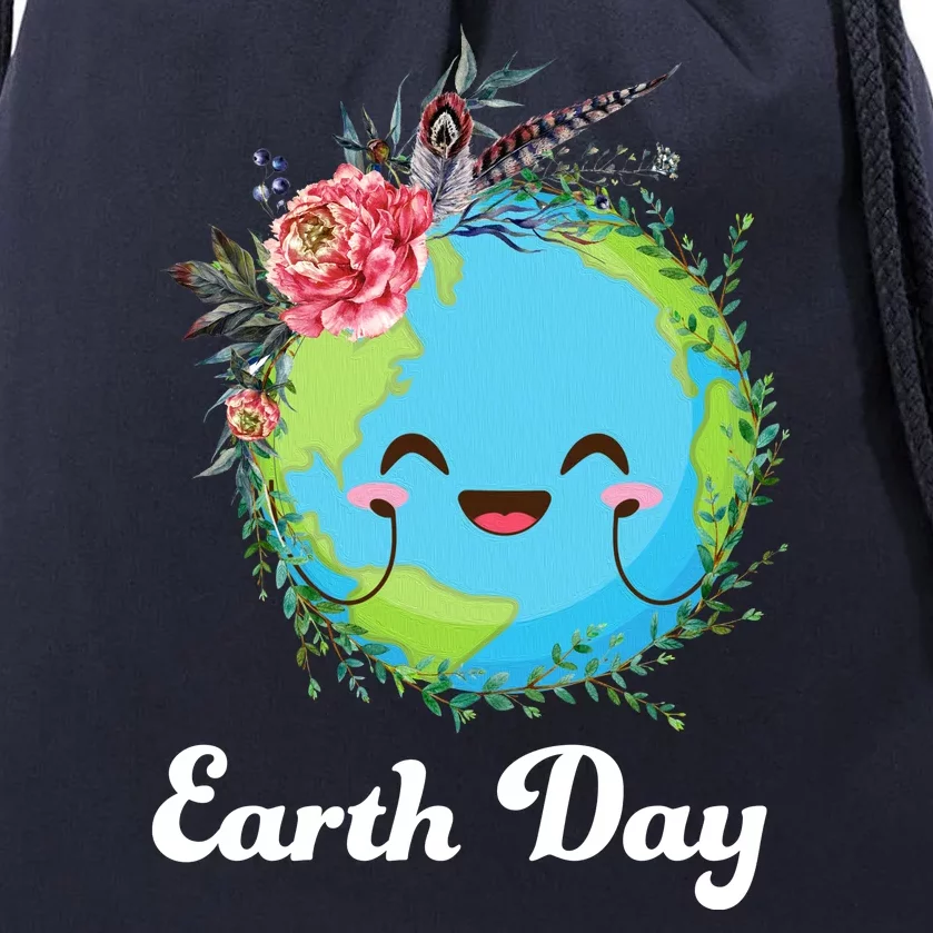 Happy Earth Day Cute Earth With Floral Wreath Drawstring Bag