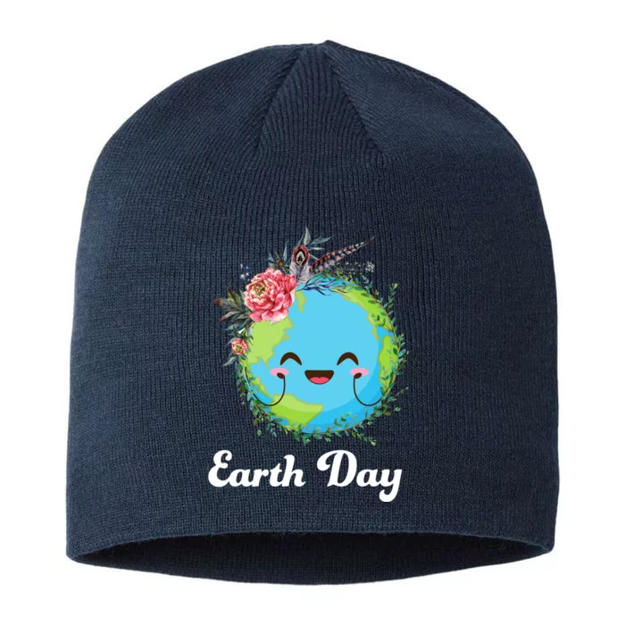 Happy Earth Day Cute Earth With Floral Wreath 8 1/2in Sustainable Knit Beanie