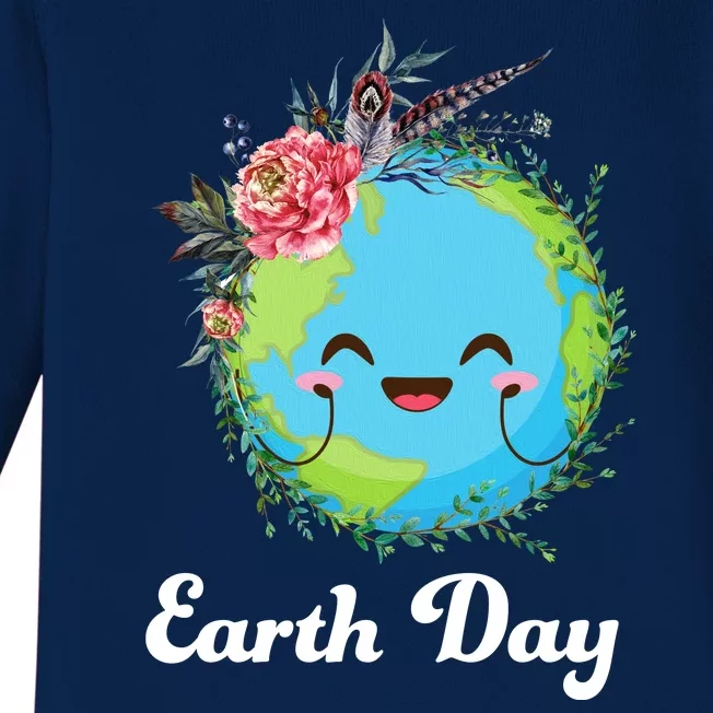 Happy Earth Day Cute Earth With Floral Wreath Baby Long Sleeve Bodysuit