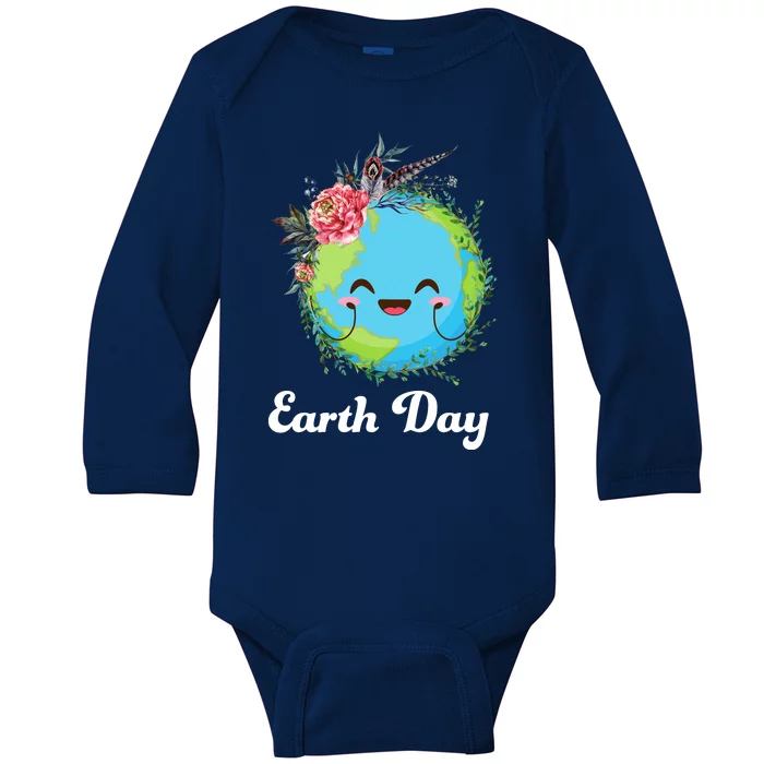 Happy Earth Day Cute Earth With Floral Wreath Baby Long Sleeve Bodysuit