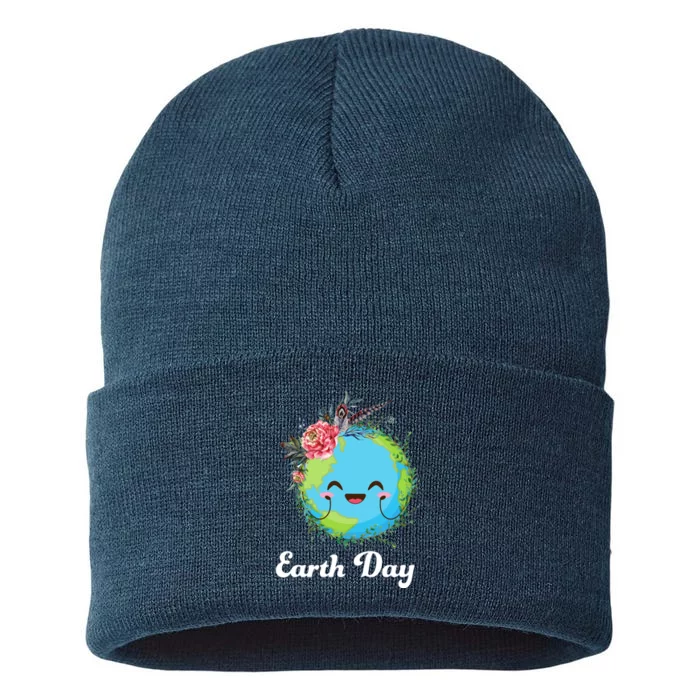 Happy Earth Day Cute Earth With Floral Wreath Sustainable Knit Beanie