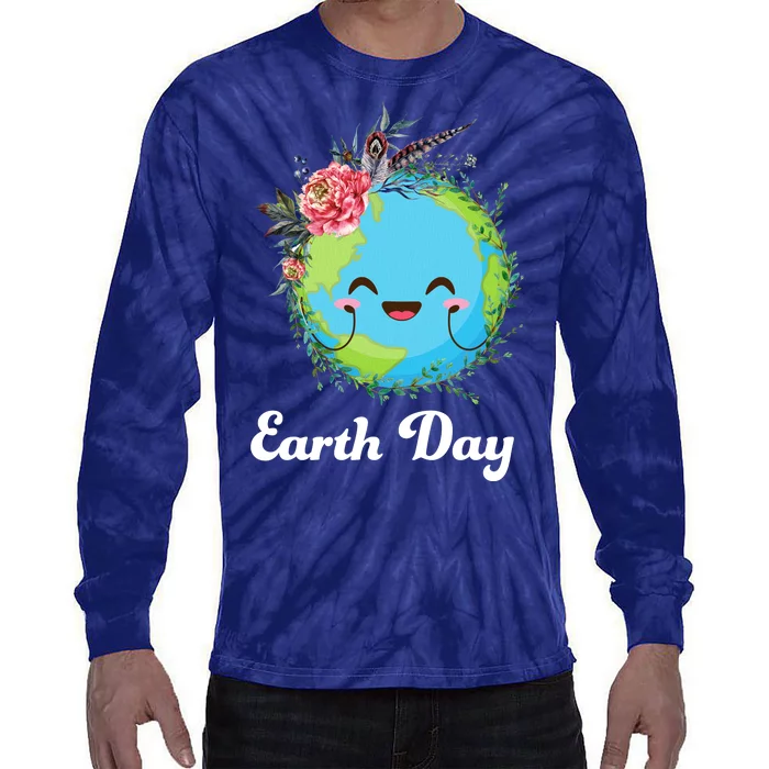 Happy Earth Day Cute Earth With Floral Wreath Tie-Dye Long Sleeve Shirt