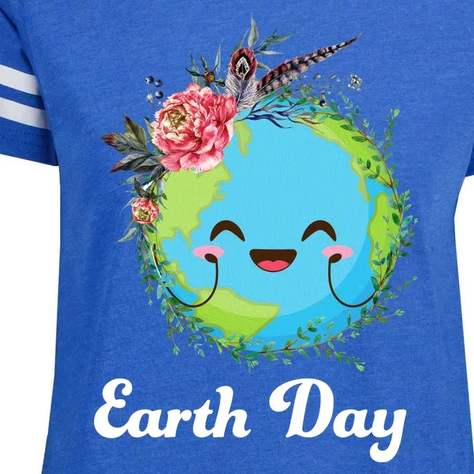 Happy Earth Day Cute Earth With Floral Wreath Enza Ladies Jersey Football T-Shirt