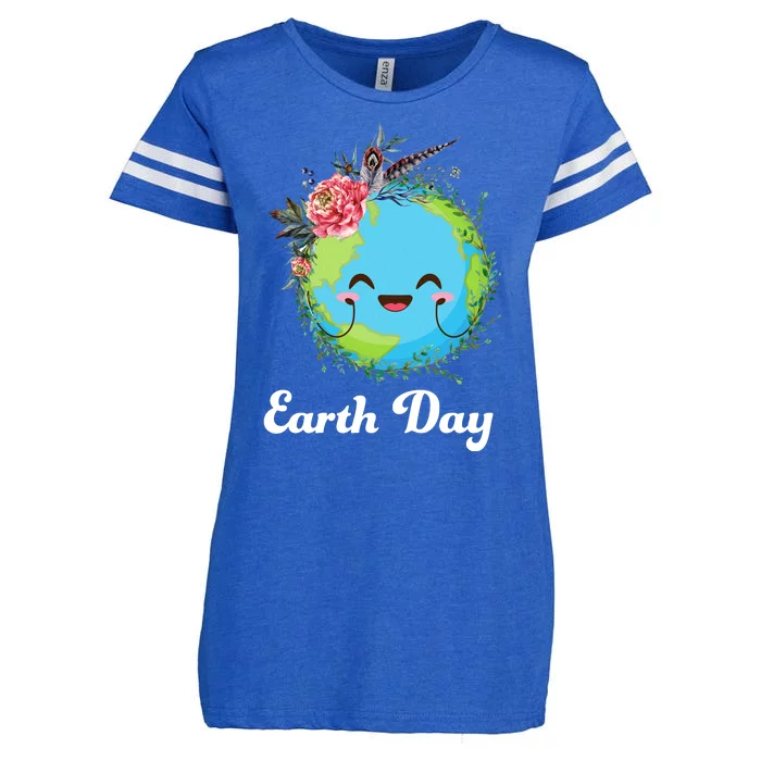 Happy Earth Day Cute Earth With Floral Wreath Enza Ladies Jersey Football T-Shirt