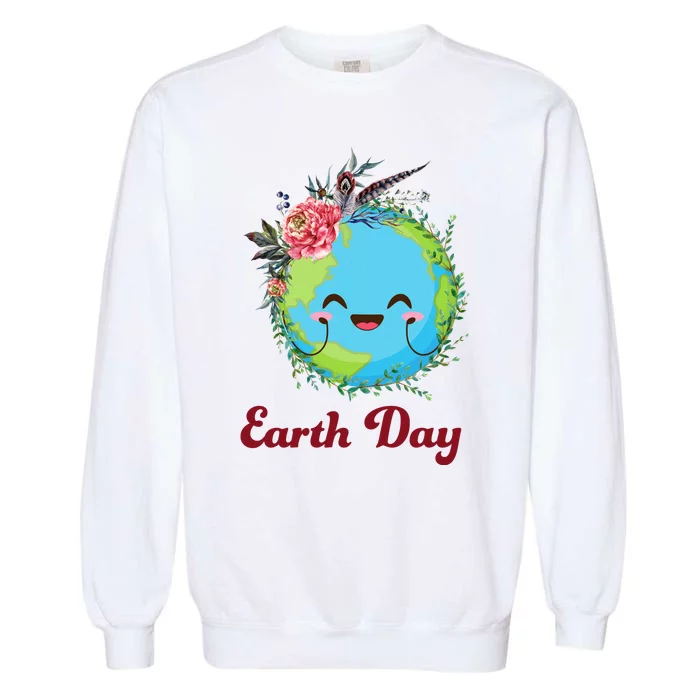 Happy Earth Day Cute Earth With Floral Wreath Garment-Dyed Sweatshirt