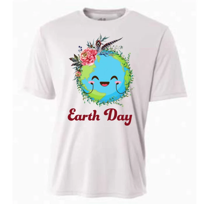 Happy Earth Day Cute Earth With Floral Wreath Cooling Performance Crew T-Shirt