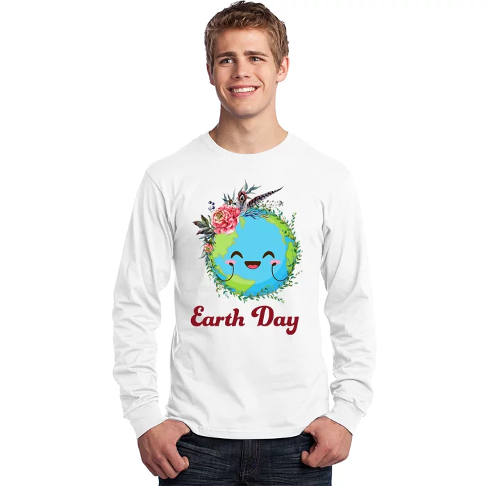 Happy Earth Day Cute Earth With Floral Wreath Long Sleeve Shirt