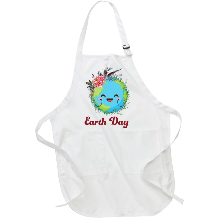 Happy Earth Day Cute Earth With Floral Wreath Full-Length Apron With Pocket