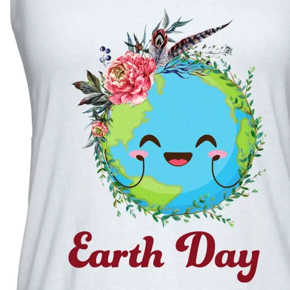 Happy Earth Day Cute Earth With Floral Wreath Ladies Essential Flowy Tank