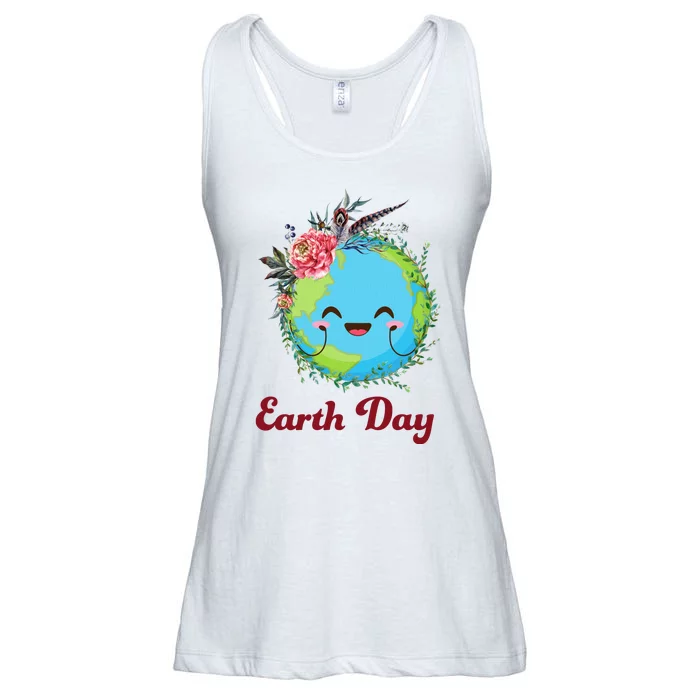 Happy Earth Day Cute Earth With Floral Wreath Ladies Essential Flowy Tank