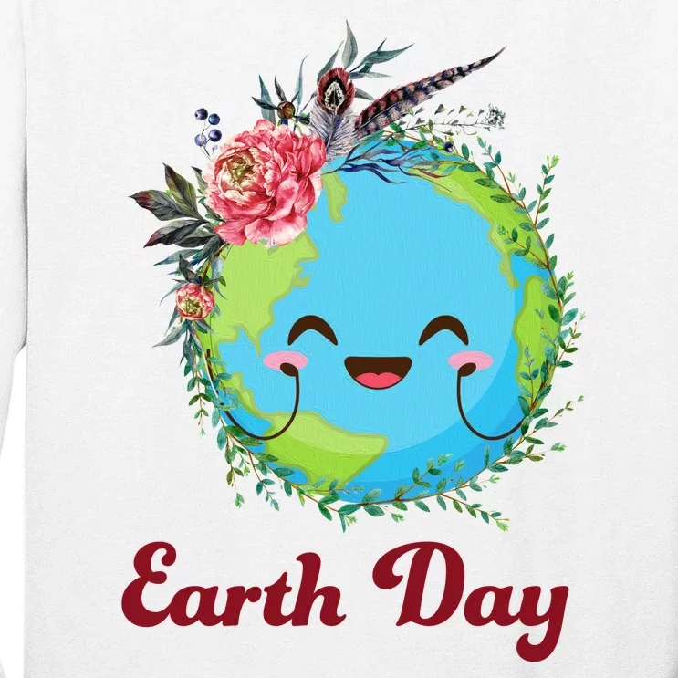 Happy Earth Day Cute Earth With Floral Wreath Tall Long Sleeve T-Shirt