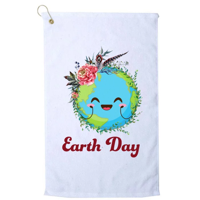 Happy Earth Day Cute Earth With Floral Wreath Platinum Collection Golf Towel