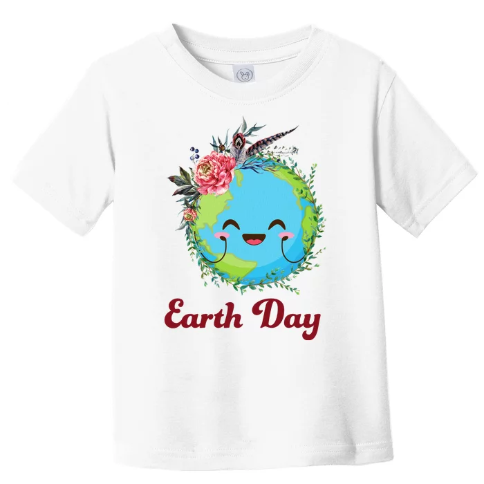 Happy Earth Day Cute Earth With Floral Wreath Toddler T-Shirt