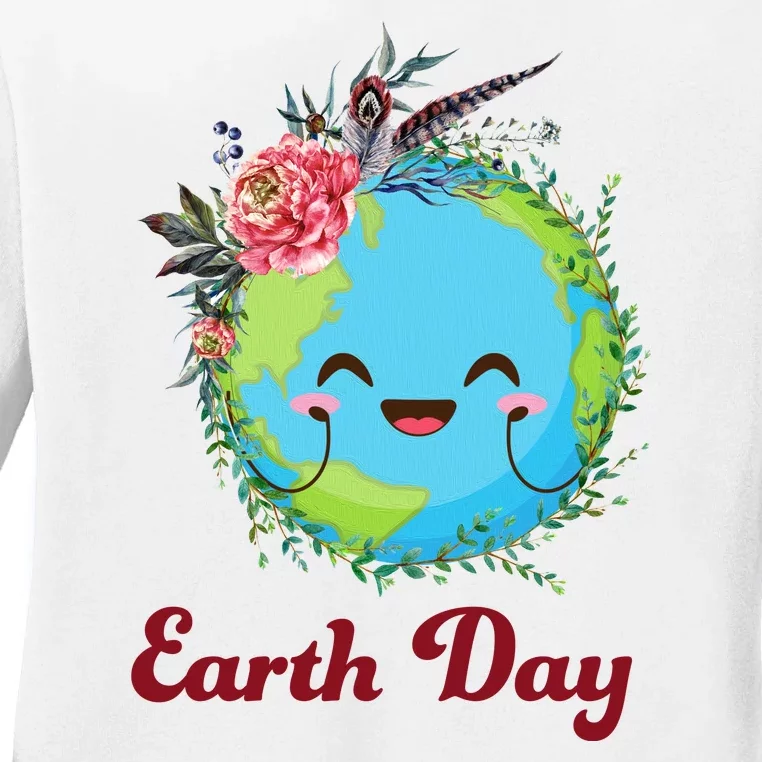 Happy Earth Day Cute Earth With Floral Wreath Ladies Long Sleeve Shirt