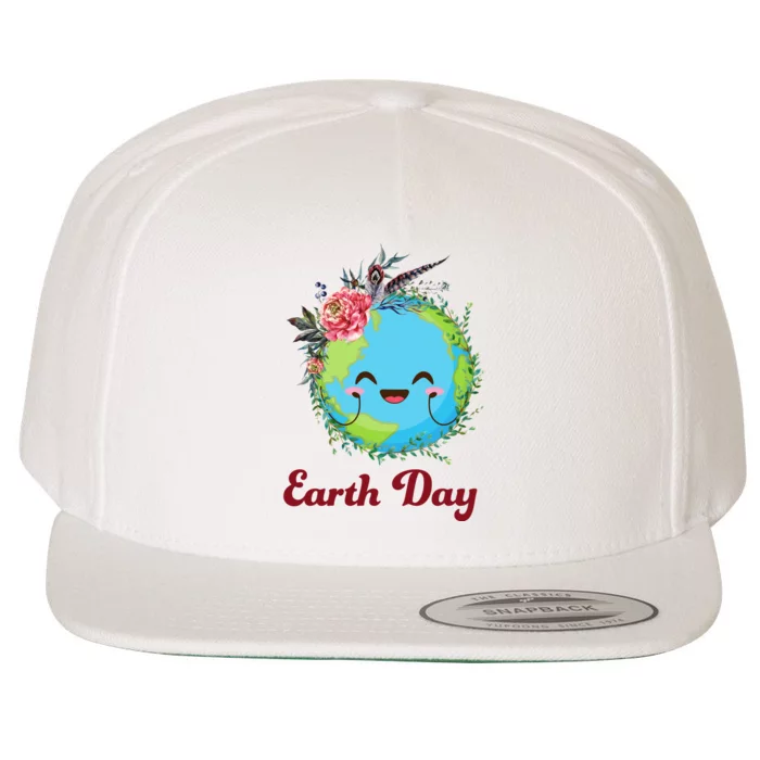 Happy Earth Day Cute Earth With Floral Wreath Wool Snapback Cap