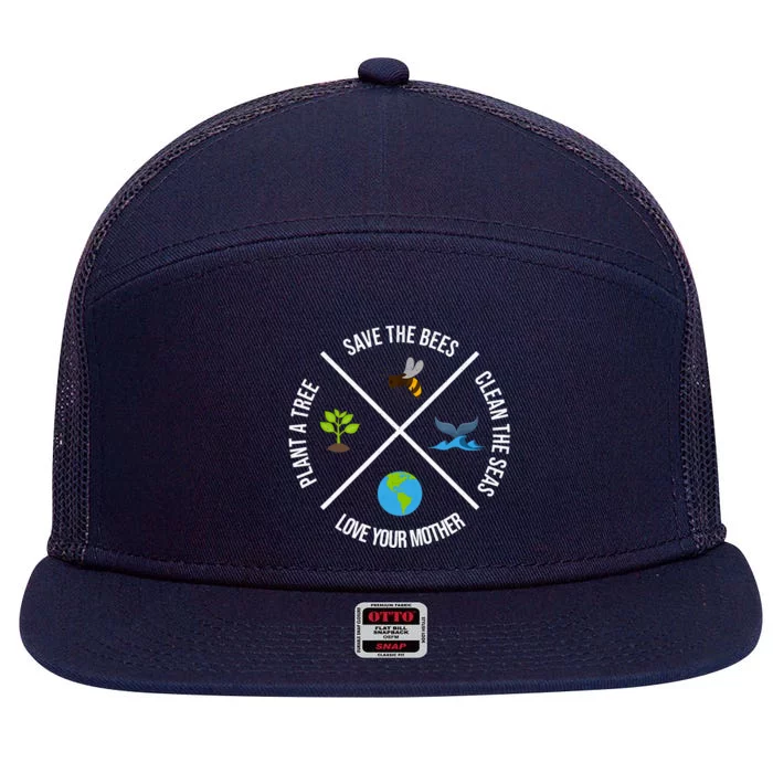 Happy Earth Day Plant Trees Clean Seas Save Bees Fun Science 7 Panel Mesh Trucker Snapback Hat