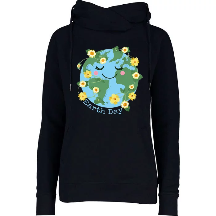 Happy Earth Day Cute Earth With Floral Earth Day 2024 Womens Funnel Neck Pullover Hood