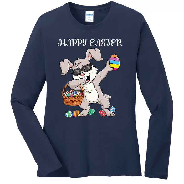 Happy Easter Day Dabbing Rabbit Eggs Ladies Long Sleeve Shirt