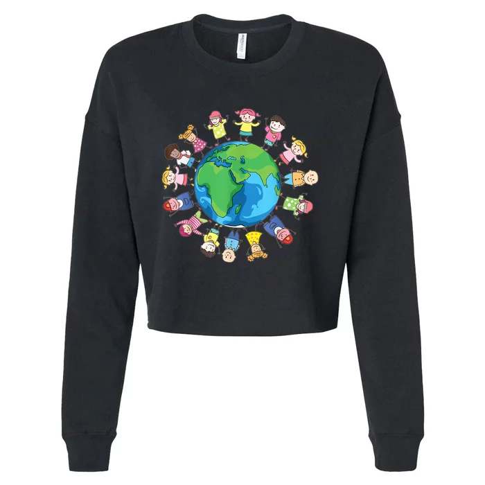 Happy Earth Day Children Around The World Cropped Pullover Crew