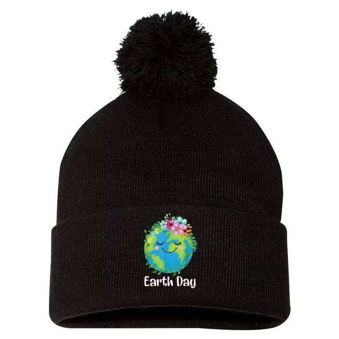 Happy Earth Day Cute Earth With Floral Earth Day Pom Pom 12in Knit Beanie