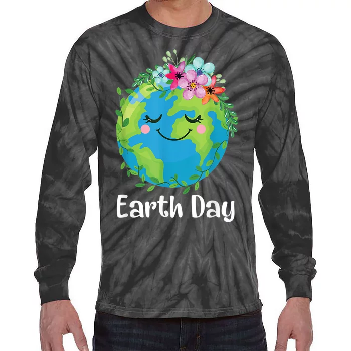 Happy Earth Day Cute Earth With Floral Earth Day Tie-Dye Long Sleeve Shirt