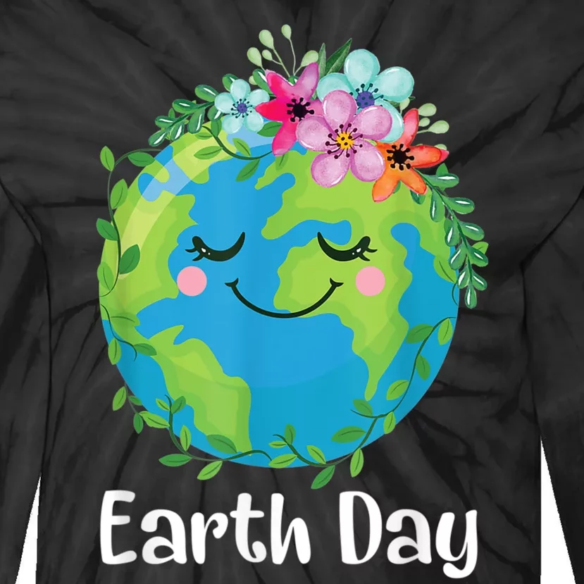 Happy Earth Day Cute Earth With Floral Earth Day Tie-Dye Long Sleeve Shirt