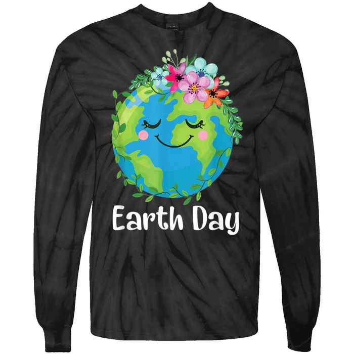 Happy Earth Day Cute Earth With Floral Earth Day Tie-Dye Long Sleeve Shirt