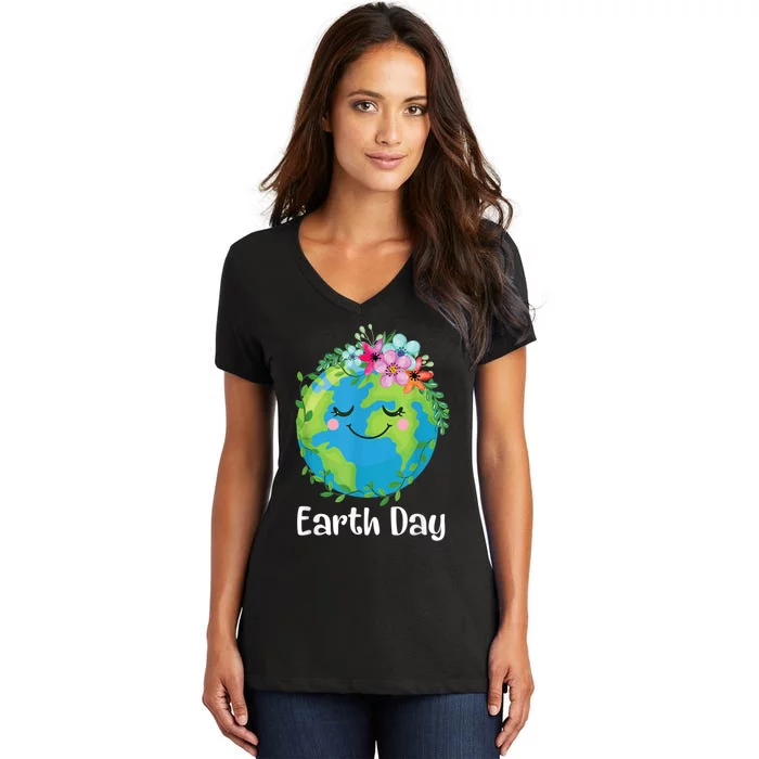 Happy Earth Day Cute Earth With Floral Earth Day Women's V-Neck T-Shirt