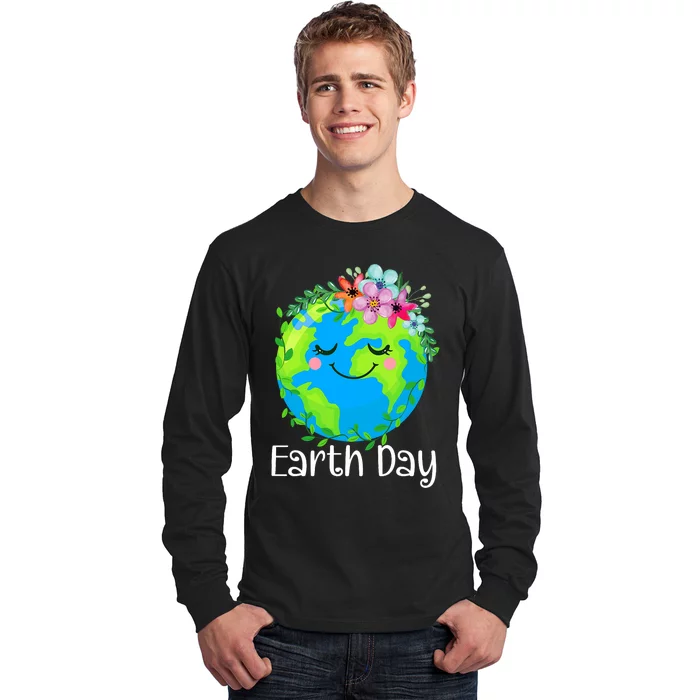 Happy Earth Day Cute Earth With Floral Earth Day 2024 Long Sleeve Shirt